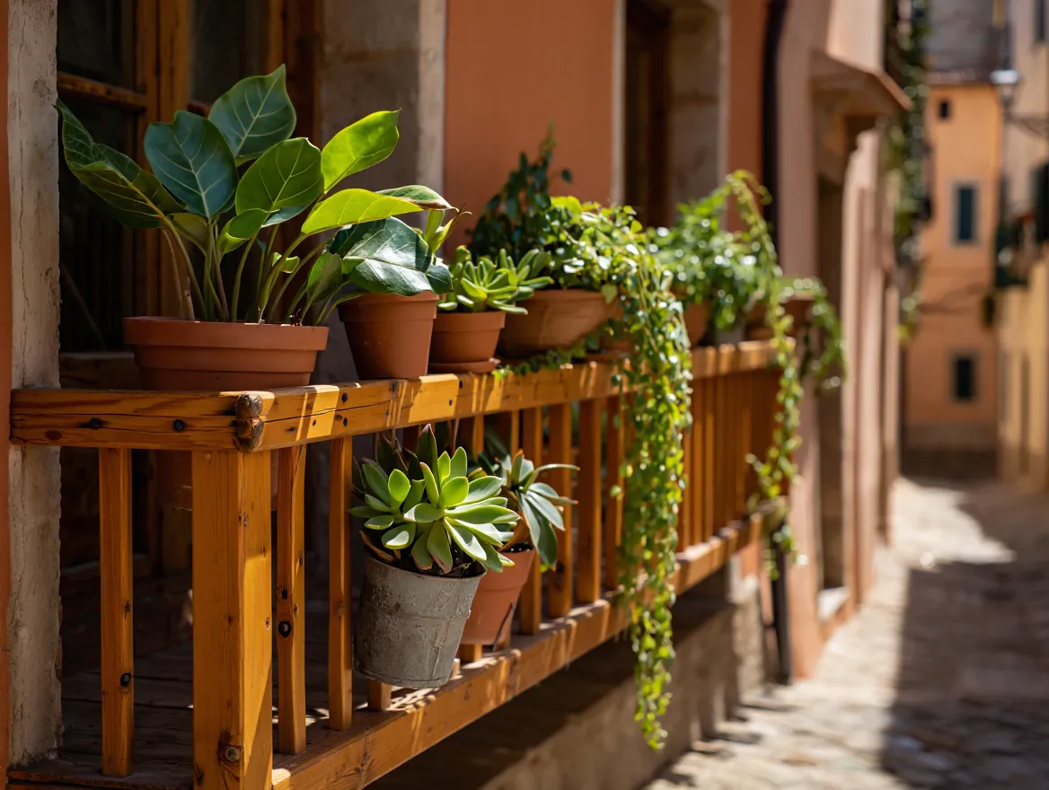Balkong med potter og planter